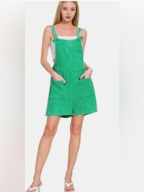 ZENANA Woven Double Gauze Acid Washed Romper / Green NWT
